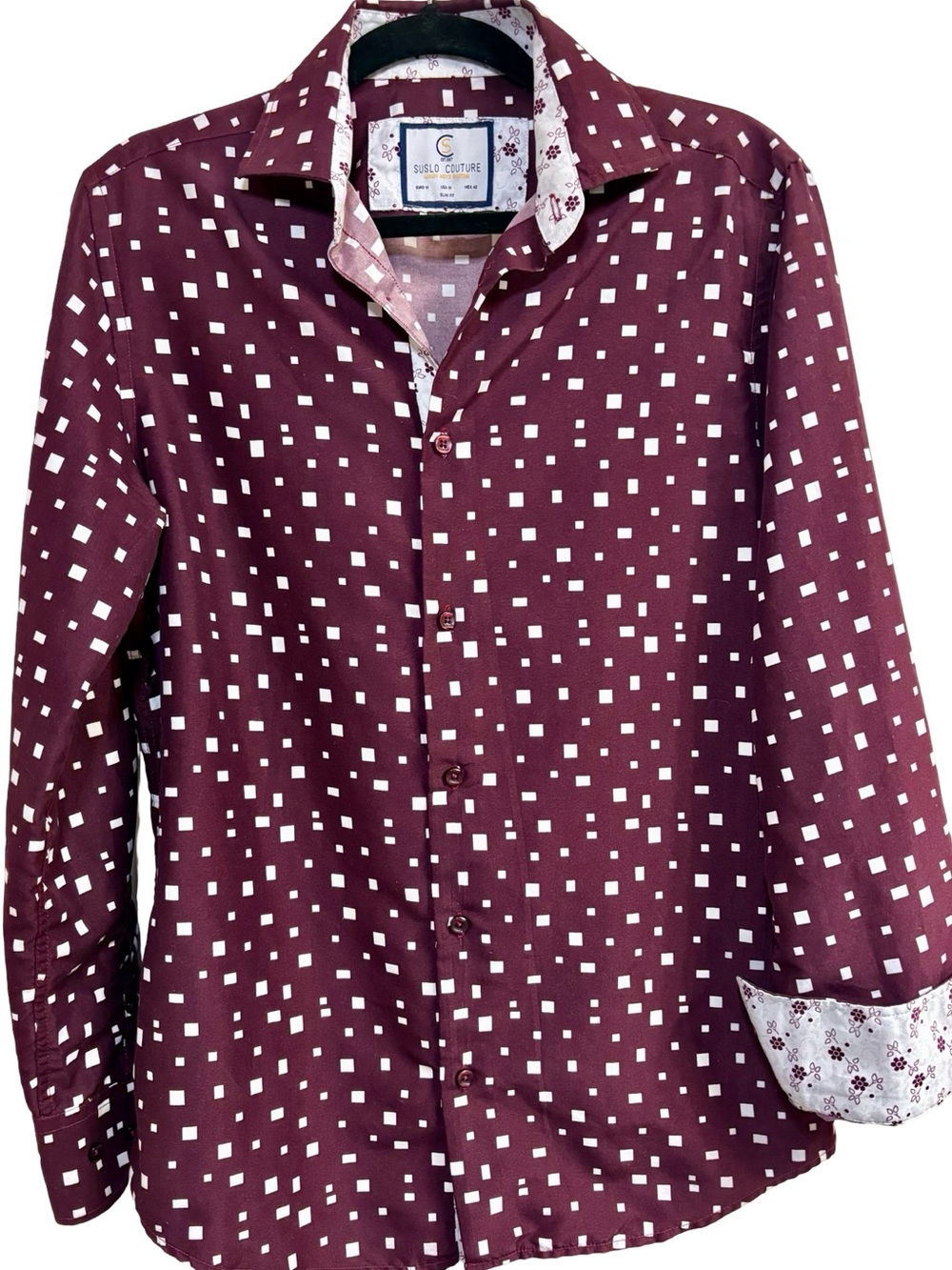 Suslo Couture Burgundy Square Print Slim Fit Shirt M - Picture 3 of 13